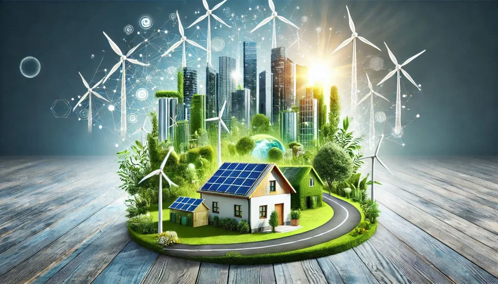 A hopeful sunrise over a renewable energy landscape, symbolizing a sustainable and consistent energy future.