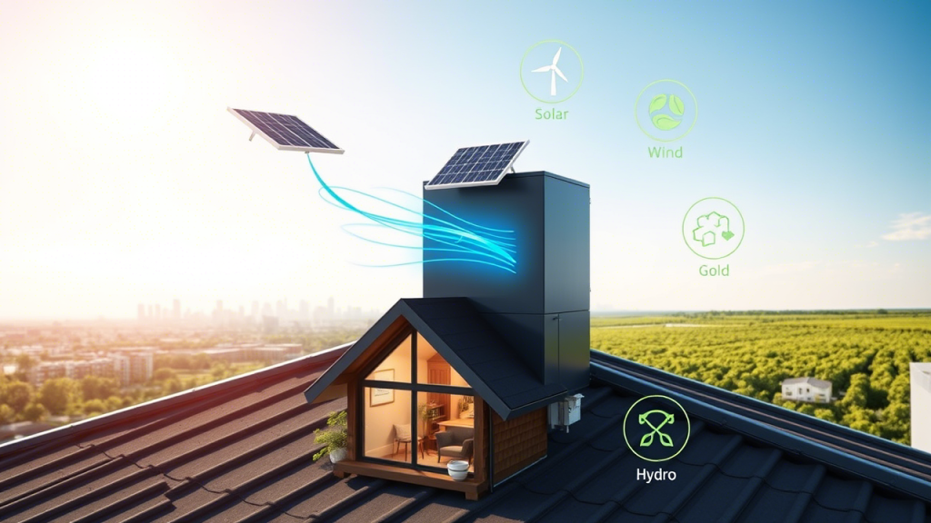 A close-up of a modern rooftop with a single CMPES unit in the foreground, its metallic surface catching the sun&rsquo;s rays. A small solar panel sparks it to life, with dynamic blue energy tendrils flowing outward, lighting up a cozy home below. In the background, a city skyline fades into a lush green horizon under a clear sky. Add subtle icons of solar, wind, and hydro orbiting the CMPES, blending tech and nature in greens and golds
