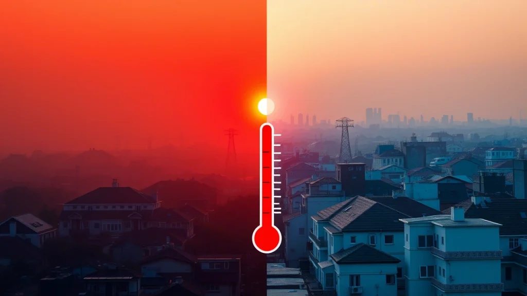 A split scene: on the left, a smoggy, coal-powered city under a hazy red sky; on the right, the same city transformed with rooftop solar and CMPES units, bathed in cool blue and green tones. A thermometer graphic drops from hot to -0.13&deg;C, with clean air and smiling people below. Use stark contrasts&mdash;reds vs. blues&mdash;to show the climate impact, with a glowing sun tying it together.
