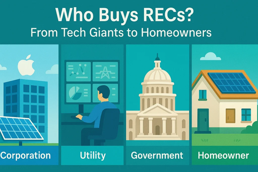 Who Buys RECs? From Tech Giants to Homeowners
Collage of logos or icons representing different buyers:
A tech company office, a utility control center, a university, a home with solar panels

Labels like &ldquo;Corporation,&rdquo; &ldquo;Utility,&rdquo; &ldquo;Government,&rdquo; &ldquo;Homeowner&rdquo; on each segment